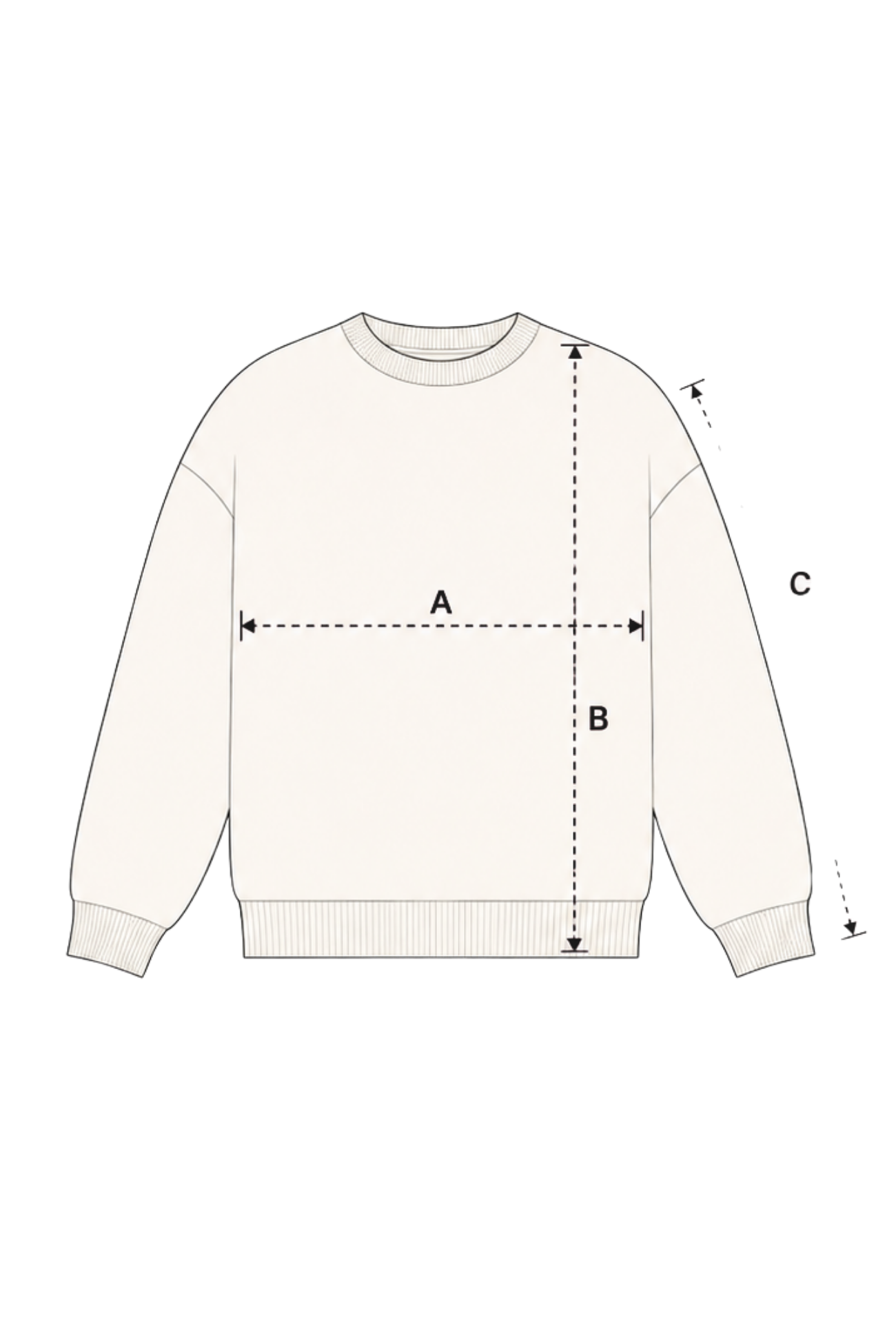 Diagrama técnico sudadera con medidas A, B, C