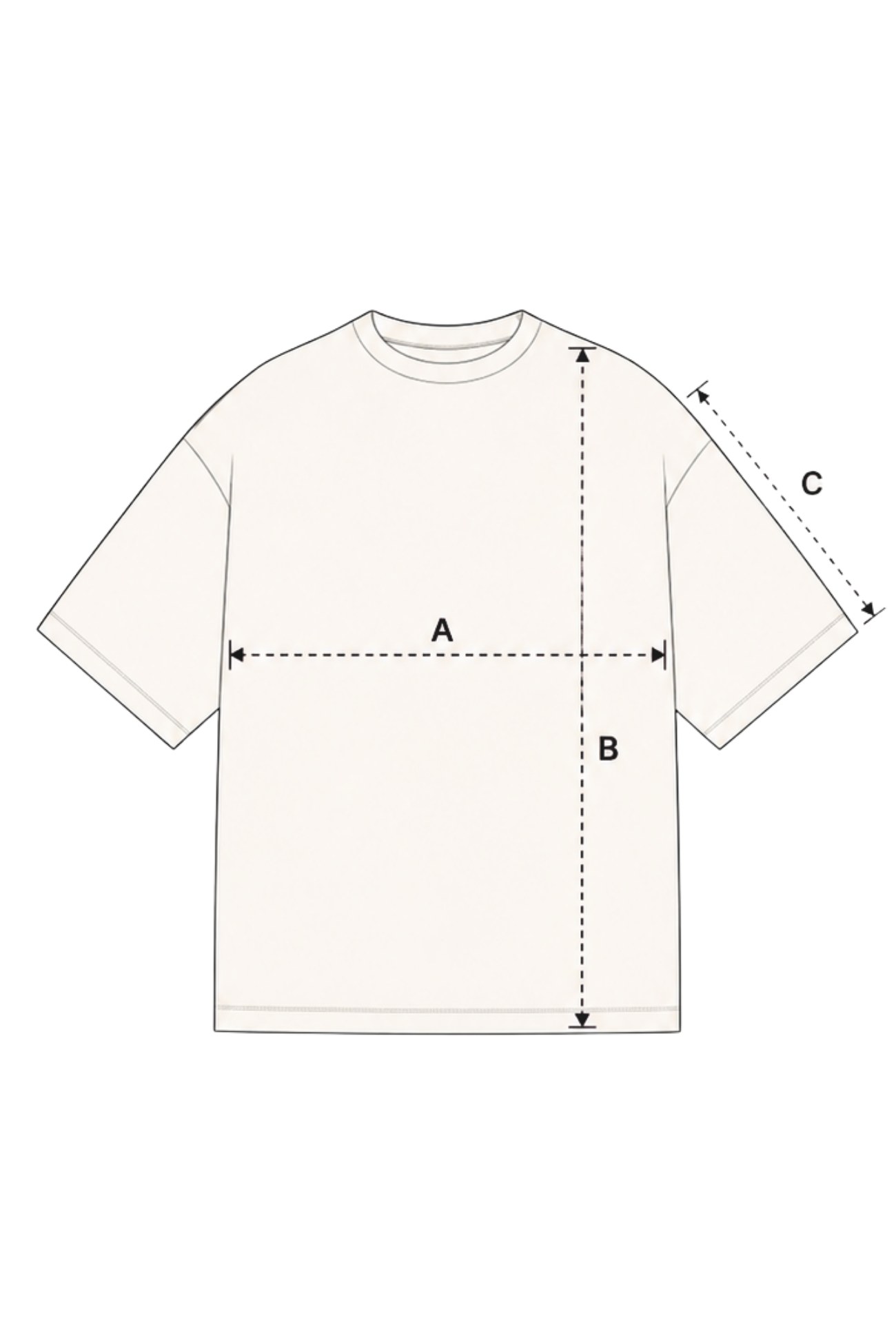 Diagrama técnico camiseta con medidas A, B, C