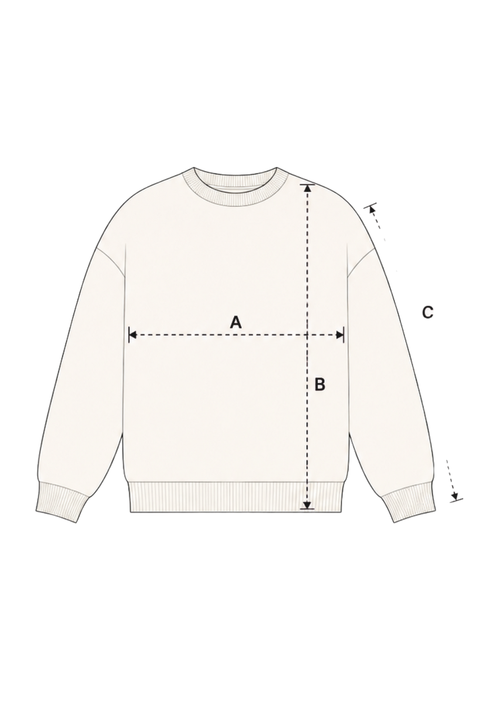 Diagrama técnico sudadera con medidas A, B, C