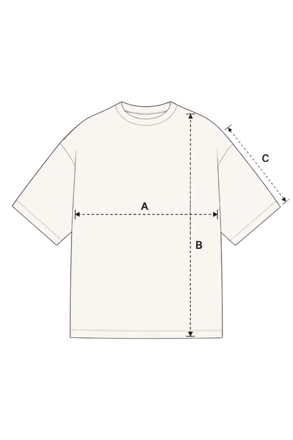 Diagrama técnico camiseta con medidas A, B, C